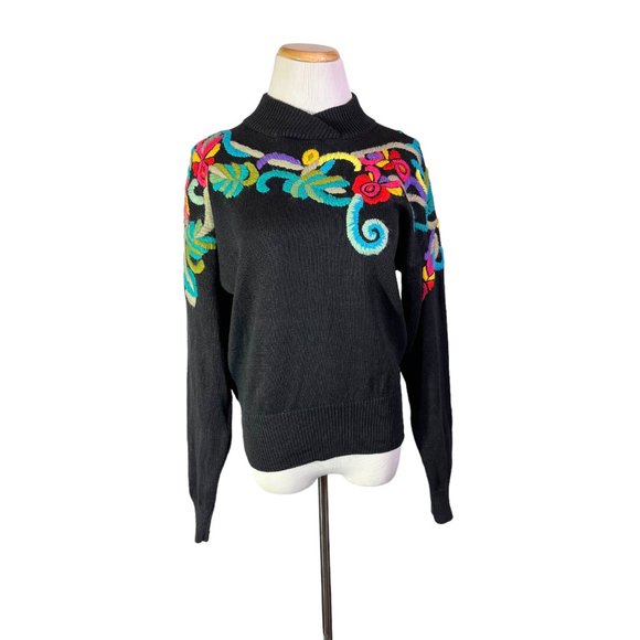 Maurada Sweaters - Vintage Maurada Size M Black Pullover Sweater Embroidered Colorful